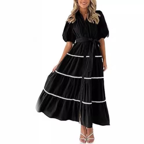 Women Boho Button Down Puff Short Sleeve Dress Casual Summer Beach Tunics DressTiered Ruffle Long Flowy Shirt Dress With Belt
