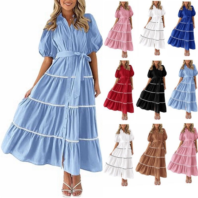 Women Boho Button Down Puff Short Sleeve Dress Casual Summer Beach Tunics DressTiered Ruffle Long Flowy Shirt Dress With Belt
