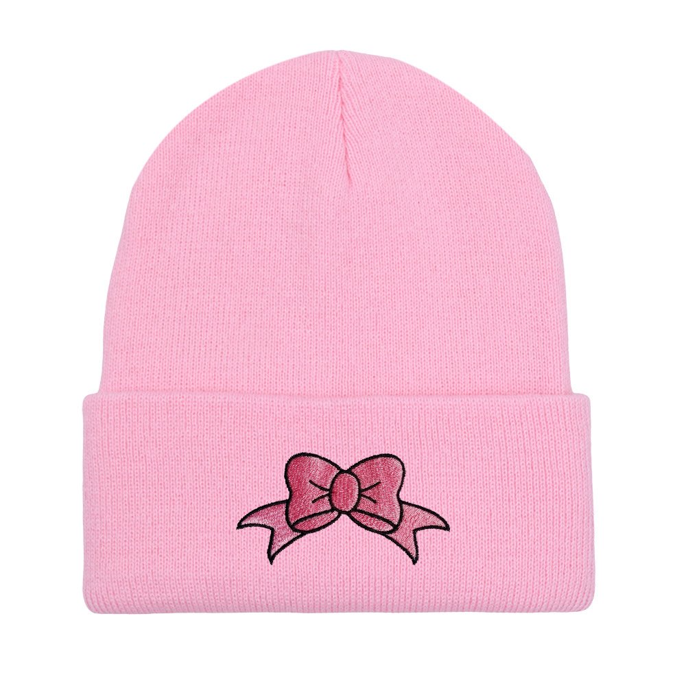Cross-border bow knitted hat embroidered pink cute woolen hat for women fall and winter warm ski pullover hat hop hat