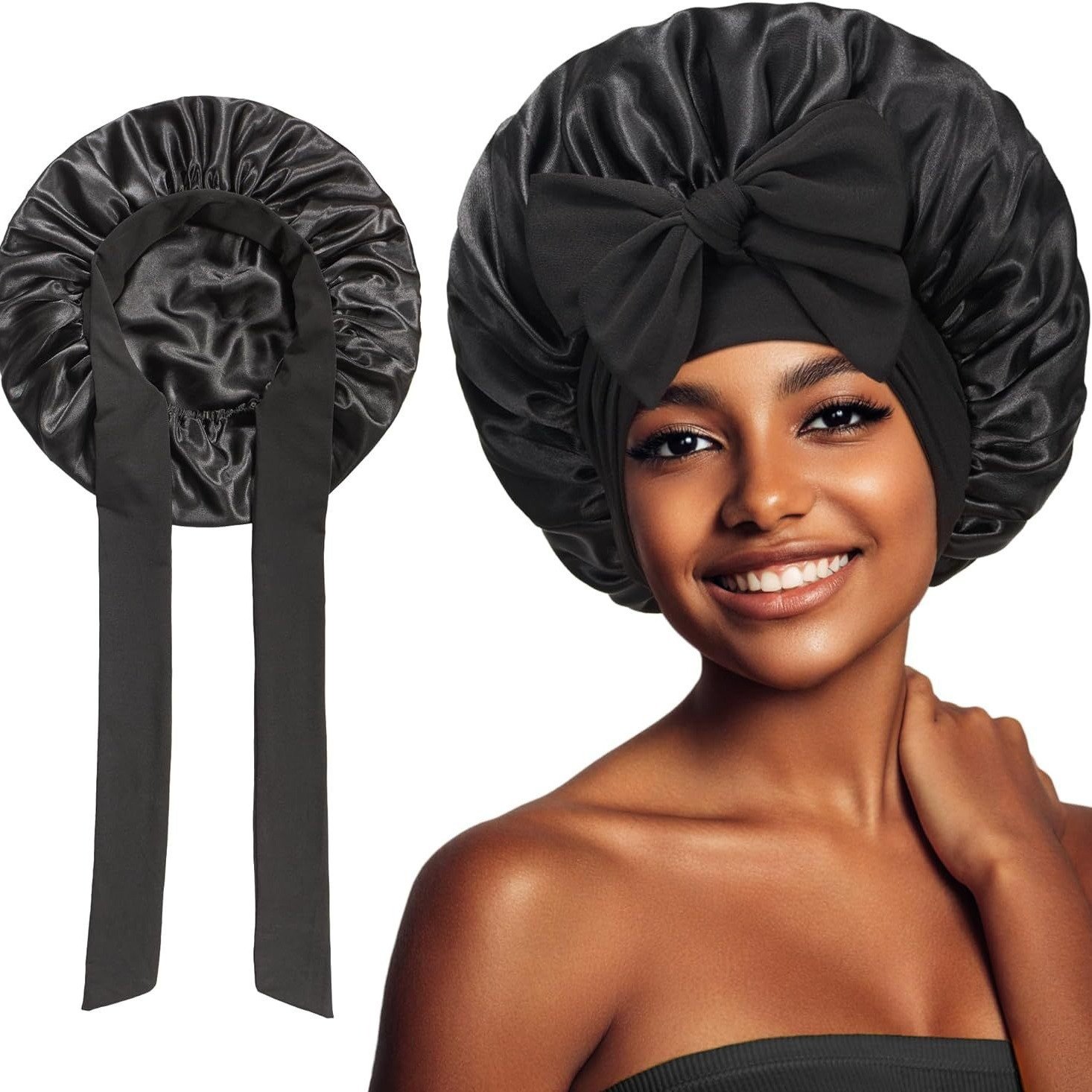 Top Sale Beauty Hair Care Sleep Bonnet Women Long Tie Satin Silk Bonnets Wide Band Hair Bonnet With Tie