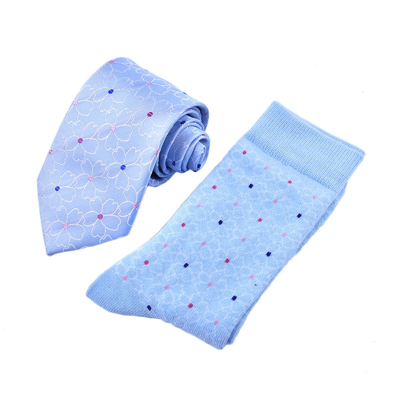 Blue Floral Pattern Cotton Sock Matching Design Silk Woven Men Tie And Socks Set