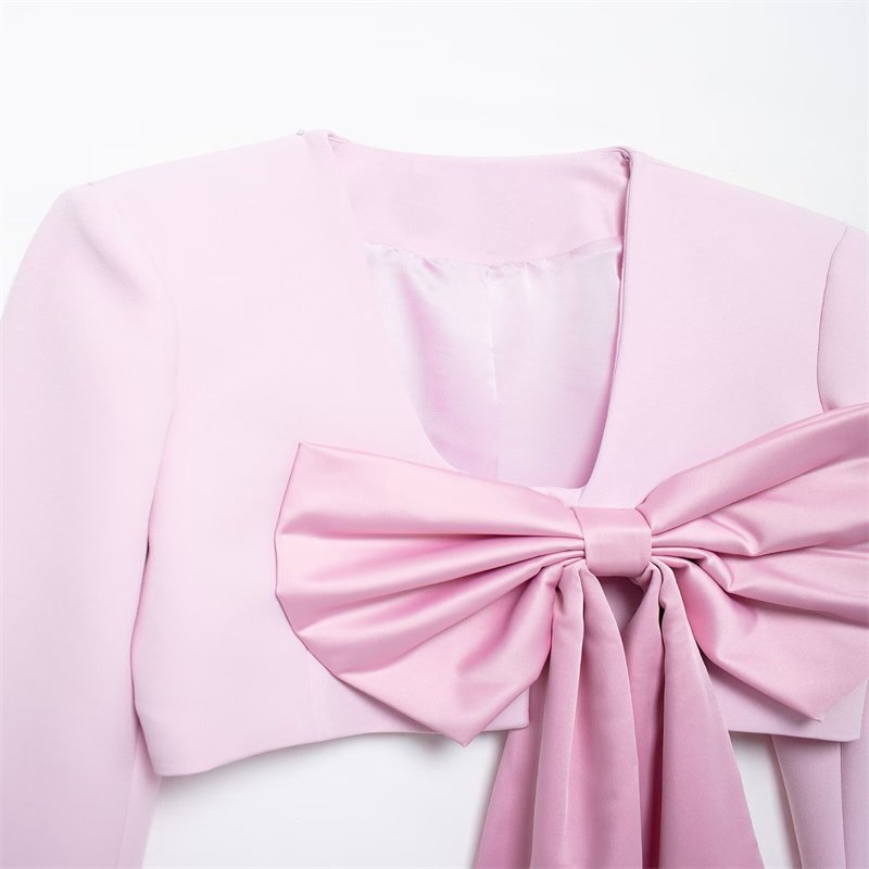 ZATRHMBM Women's Bow Tie Blazer Outerwear 2024 New Casual Fashion Loose Long Sleeve Blazer Jacket Short V-Neck Coat Top