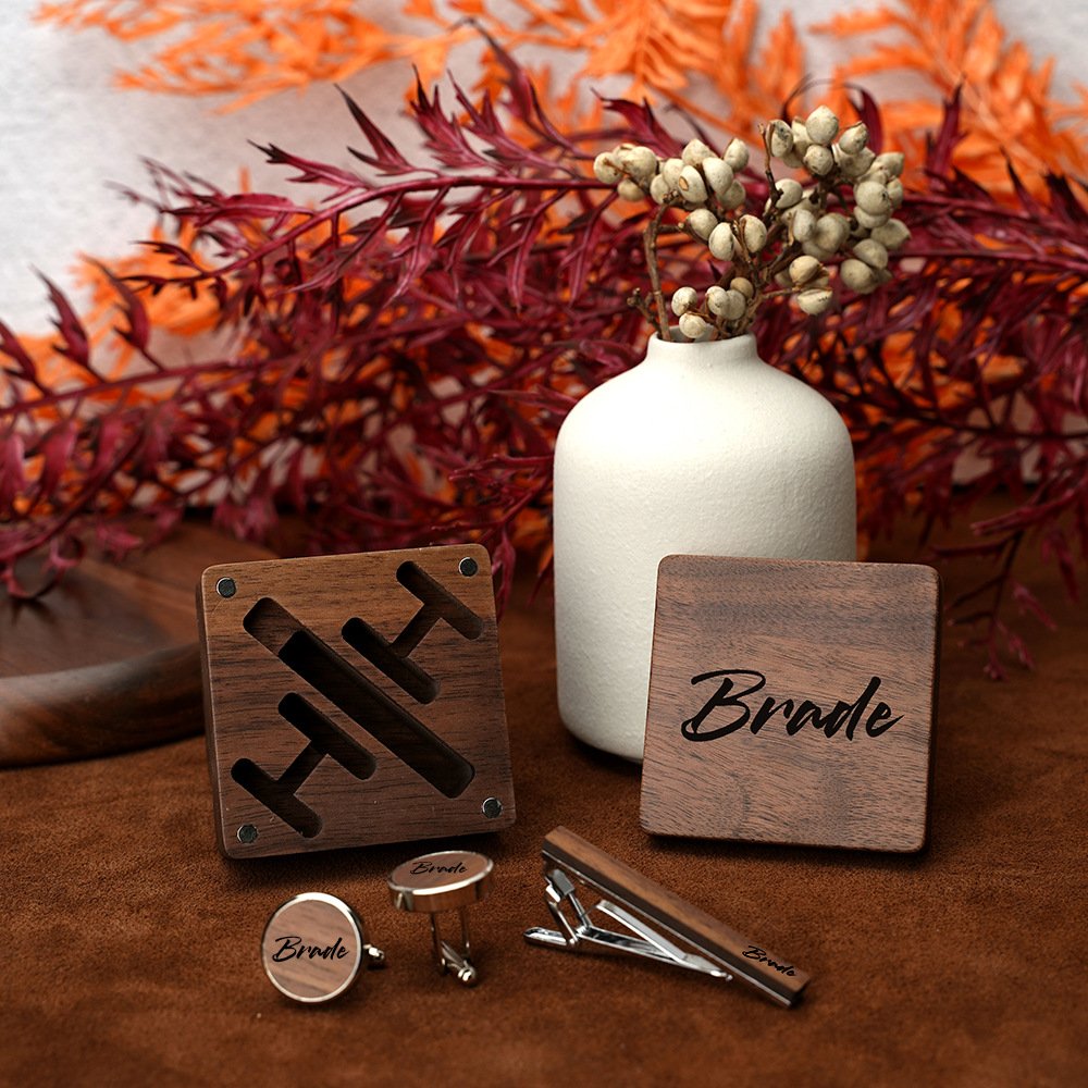 Wholesale Black Walnut Solid Wood Cuff Links Box with Cufflinks and Tie Clips Set for Men as Travel Anniversary Birthday Gifts