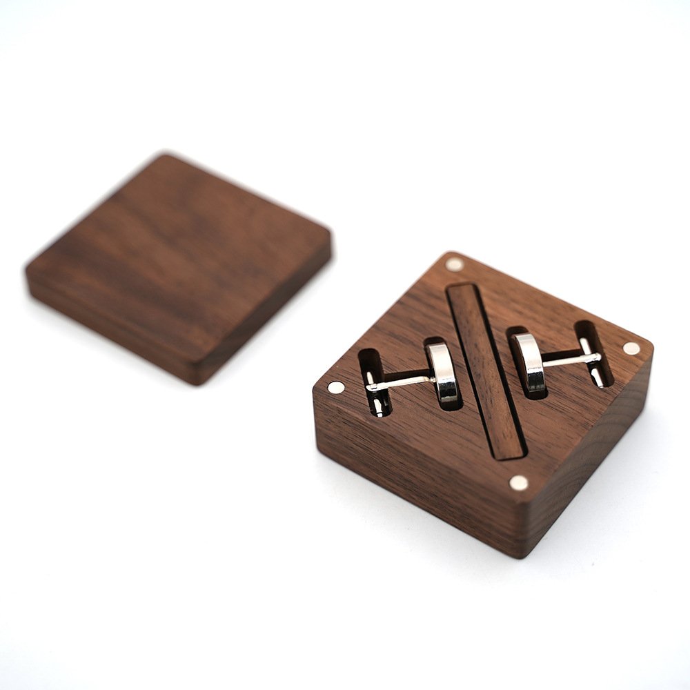 Wholesale Black Walnut Solid Wood Cuff Links Box with Cufflinks and Tie Clips Set for Men as Travel Anniversary Birthday Gifts