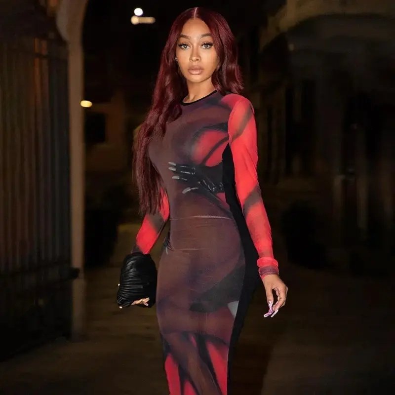 O Neck Tie Dye Print Long Sleeve Flare Bodycon Evening Lady Dress Elegant Women Fashion Maxi Dress