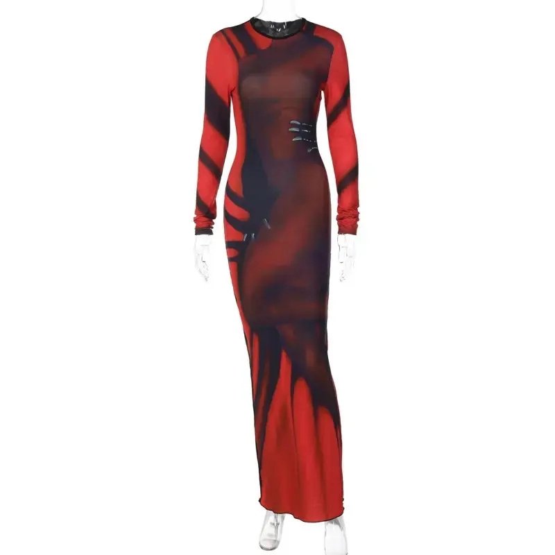 O Neck Tie Dye Print Long Sleeve Flare Bodycon Evening Lady Dress Elegant Women Fashion Maxi Dress