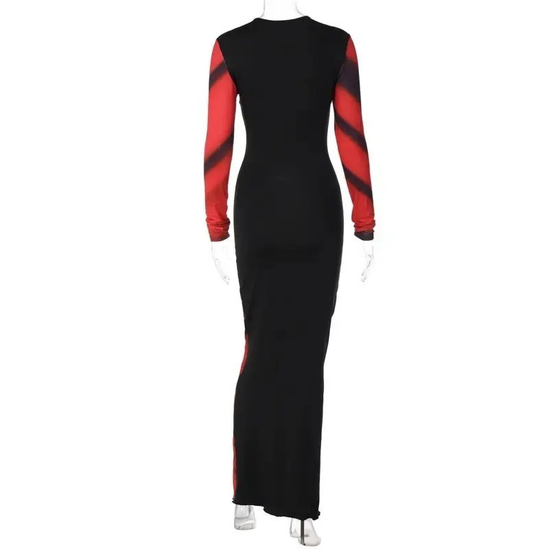 O Neck Tie Dye Print Long Sleeve Flare Bodycon Evening Lady Dress Elegant Women Fashion Maxi Dress