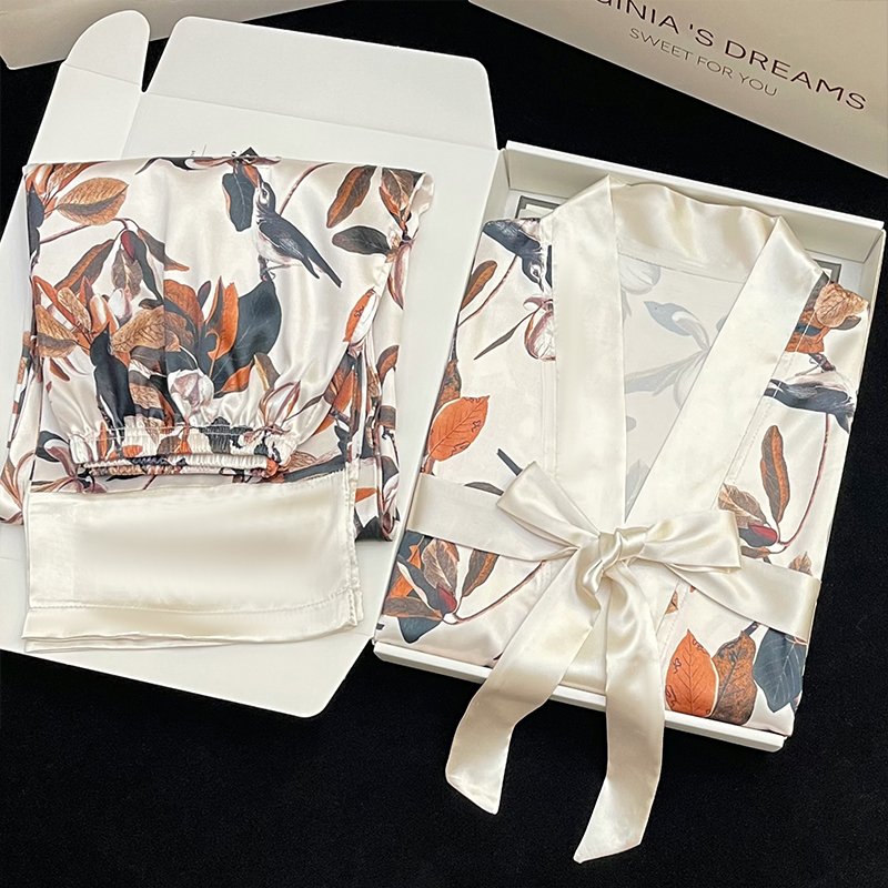 Japanese new women's home ice silk long-sleeved tie cardigan vintage floral trousers pajamas two-piece set