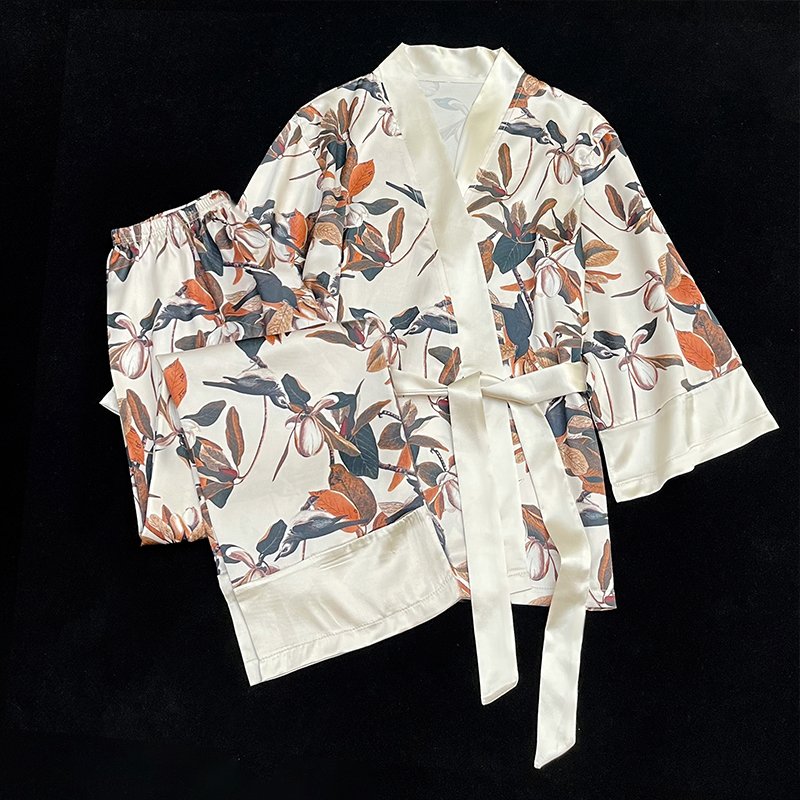 Japanese new women's home ice silk long-sleeved tie cardigan vintage floral trousers pajamas two-piece set