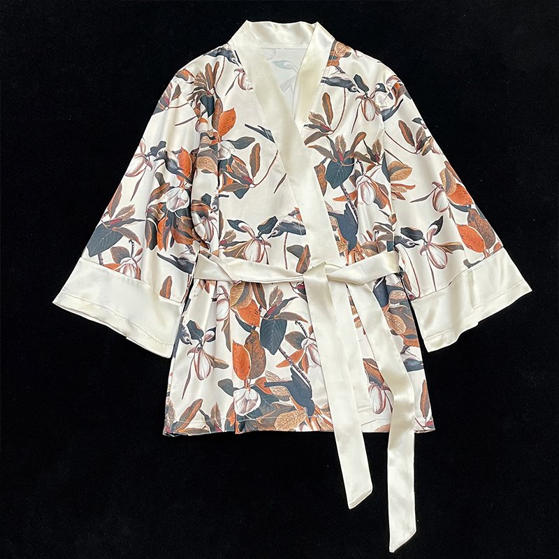 Japanese new women's home ice silk long-sleeved tie cardigan vintage floral trousers pajamas two-piece set