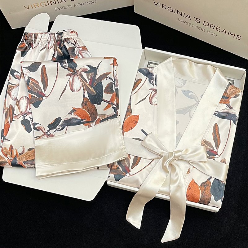 Japanese new women's home ice silk long-sleeved tie cardigan vintage floral trousers pajamas two-piece set