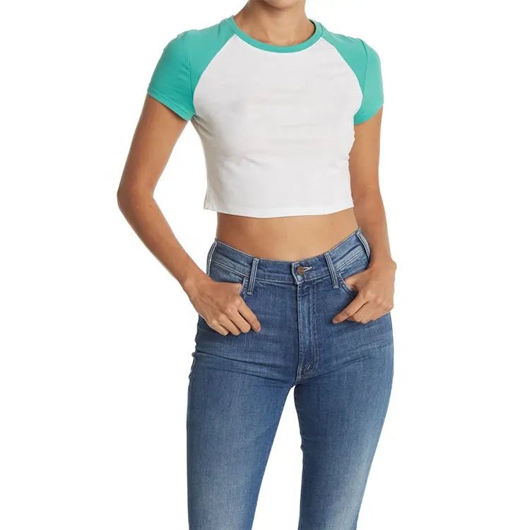 Custom high quality Y2K baby Tee&top Summer Hot Sale Women Leisure Printing Logo Colorblock Tops Slim Fit Raglan Cropped Tees