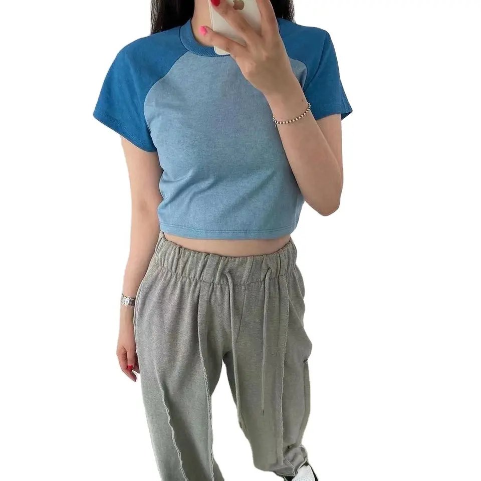 Custom high quality Y2K baby Tee&top Summer Hot Sale Women Leisure Printing Logo Colorblock Tops Slim Fit Raglan Cropped Tees