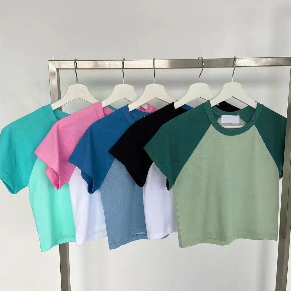 Custom high quality Y2K baby Tee&top Summer Hot Sale Women Leisure Printing Logo Colorblock Tops Slim Fit Raglan Cropped Tees