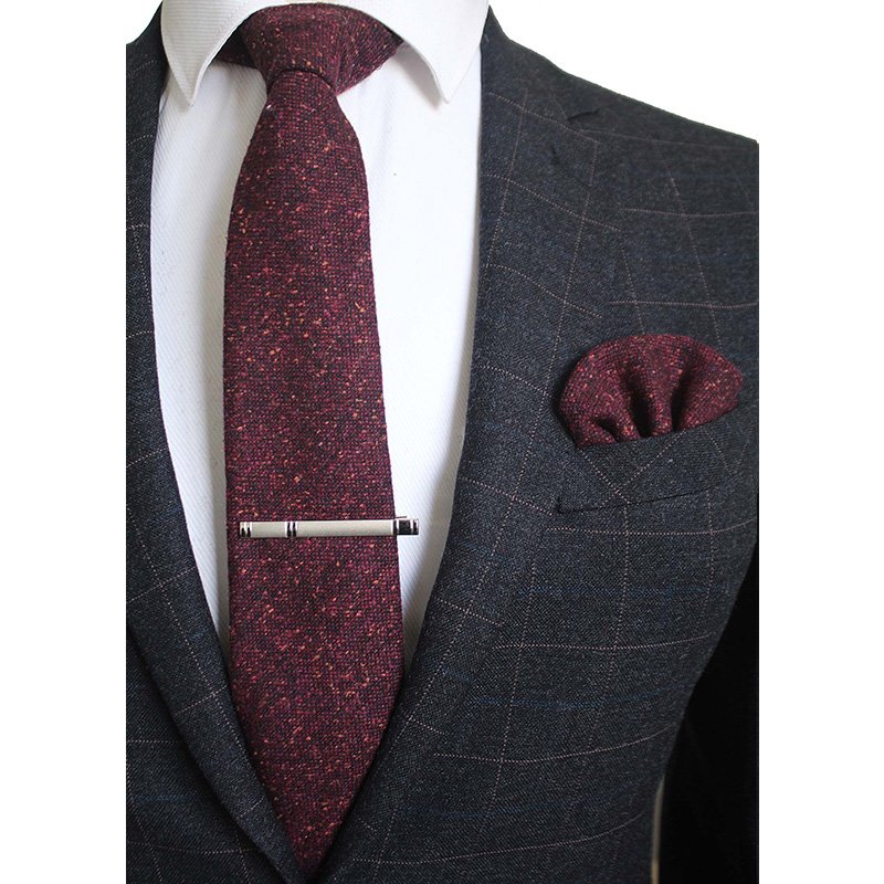 8cm Wool Tie Solid Plaid Necktie For Men Cashmere Tie and Handkerchief Set