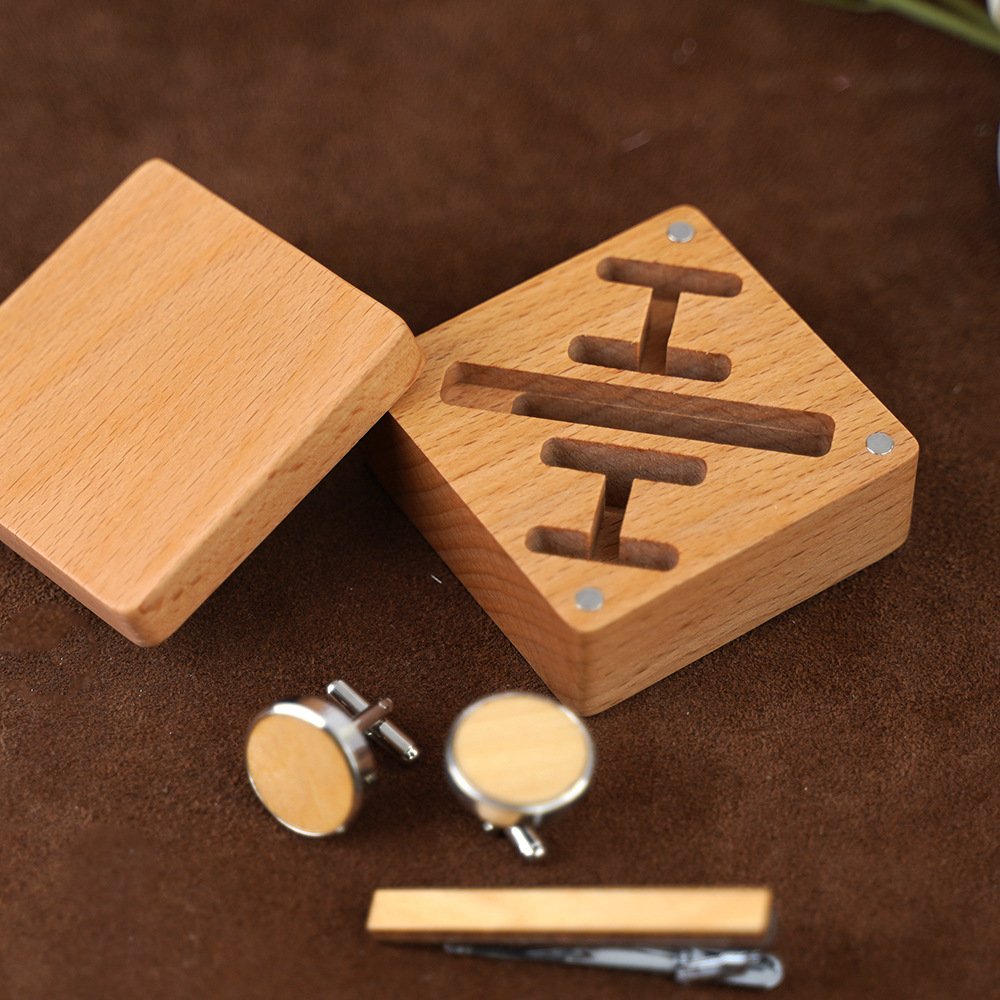 Custom engrave logo Wedding accessories Gifts white beech tie clip wooden cufflinks set box set for men
