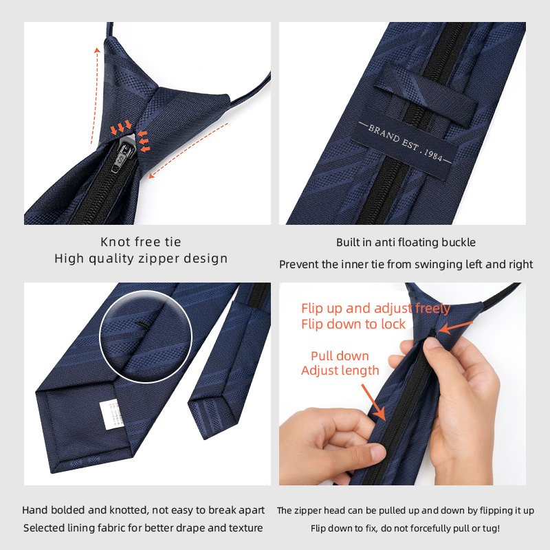 Jacquard Weaving 8CM Blue Plaid Fashion Pre-tied Knot Zipper Loose Design Father Day's Gift Men Tie Necktie