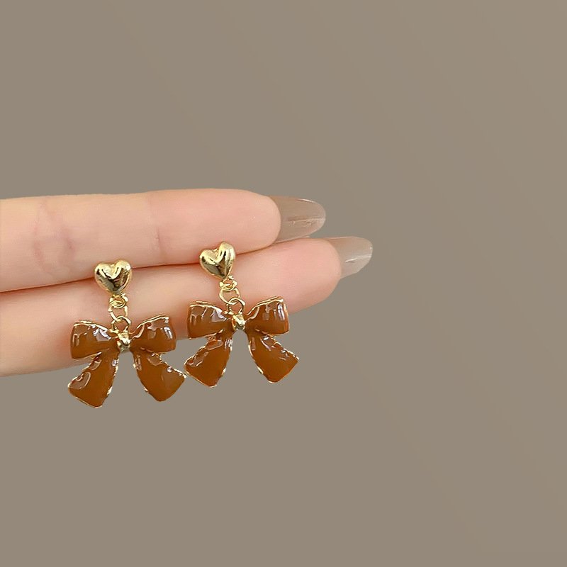 European S925 Silver Needle Maillard Coffee Colored Bow Tie Love Letter Earrings High-end Brand Vintage Women Jewelry Earrings