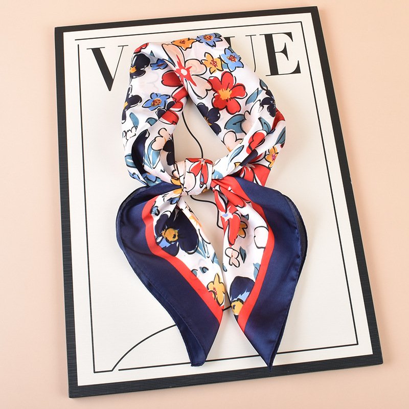 Korean style female tie bag headscarf 70 small silk scarf navy custom logo square silk feeling satin scarf