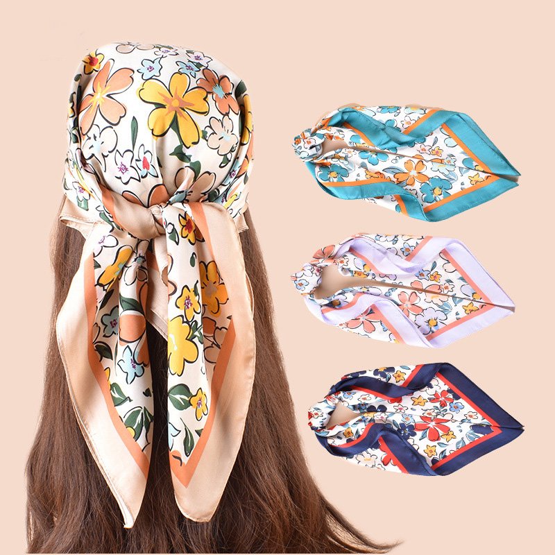 Korean style female tie bag headscarf 70 small silk scarf navy custom logo square silk feeling satin scarf