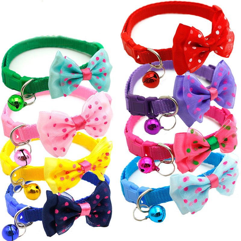 KingHon Cat Collar With Bell Adjustable Pet Collars Handmade Colorful Necklace For Small Dogs Cats Breakaway Collar With Bow Tie