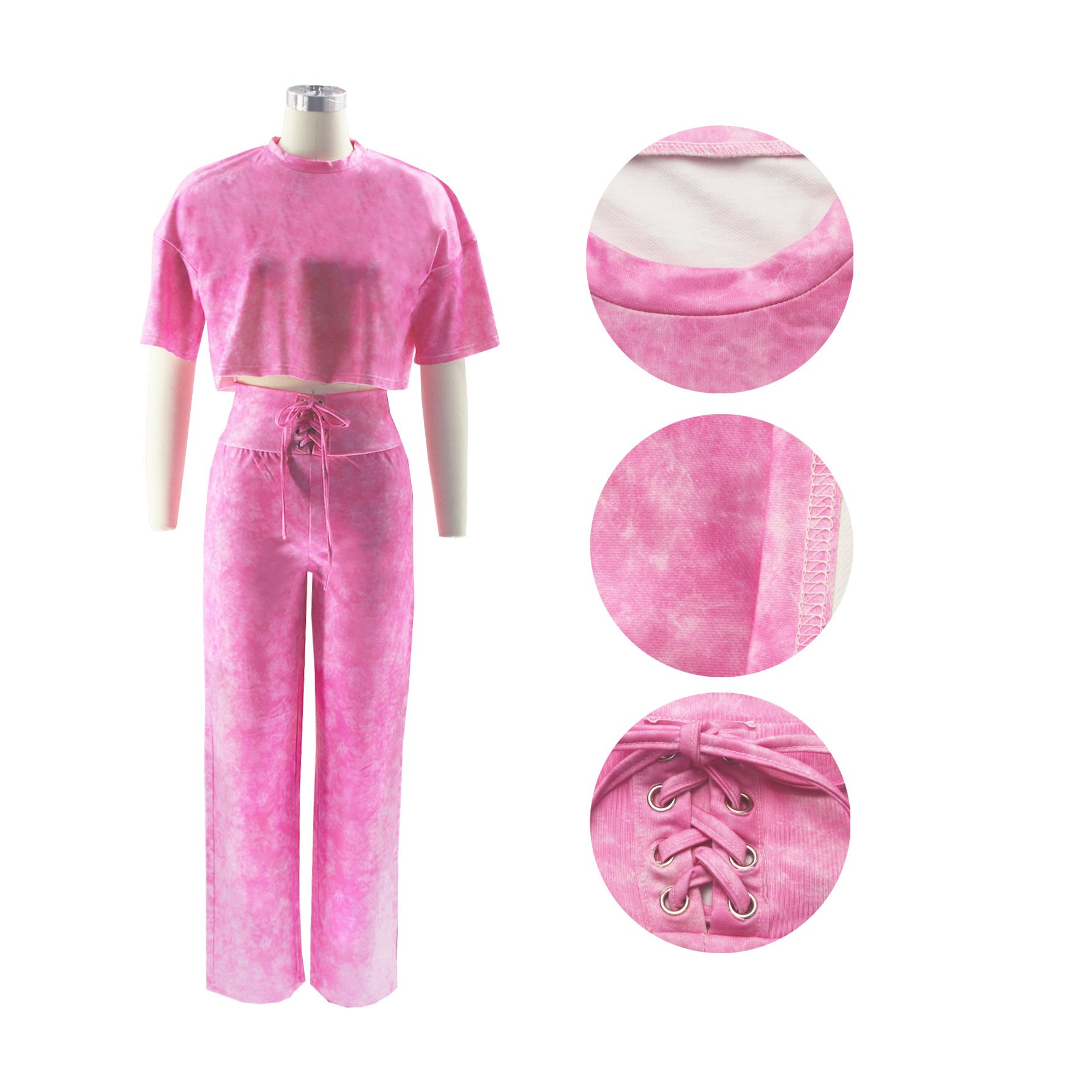 Women's casual commuting daily tie dye short women's round neck top with two trousers