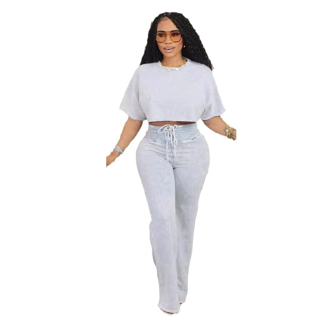 Women's casual commuting daily tie dye short women's round neck top with two trousers