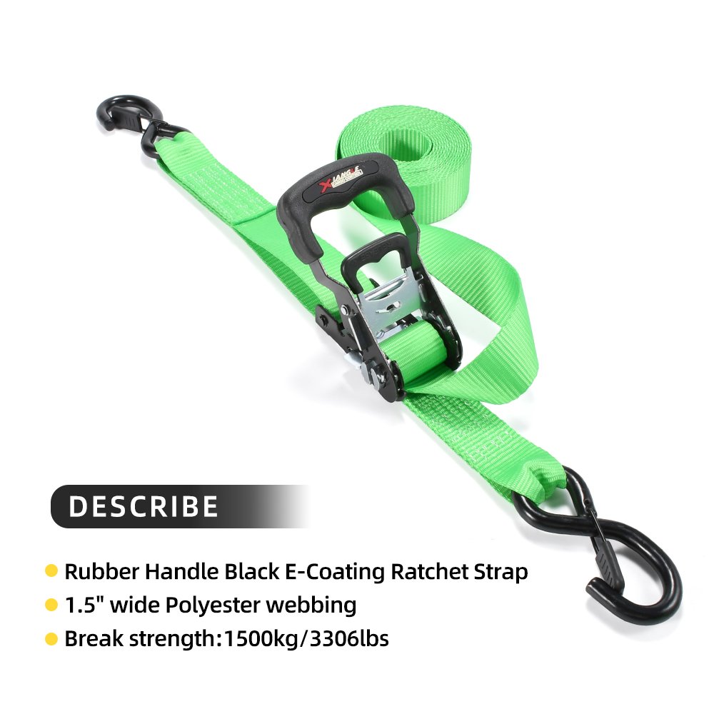 2pk 1.5 Inch 1500Kg Rubber Handle Ratchet Strap Cargo Tie Down with Lockable S-Hook