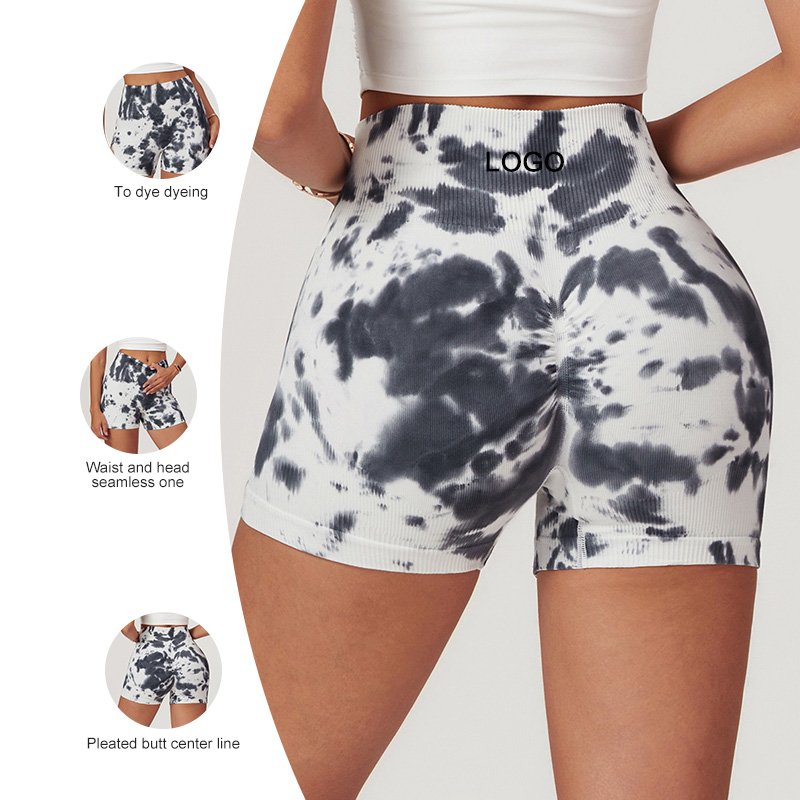 90% Polyamide Tie-dye multicolor Seamless Exercise Fitness Shorts Women's High Waist Hip Lift scrunch Tight Yoga Shorts gym wear