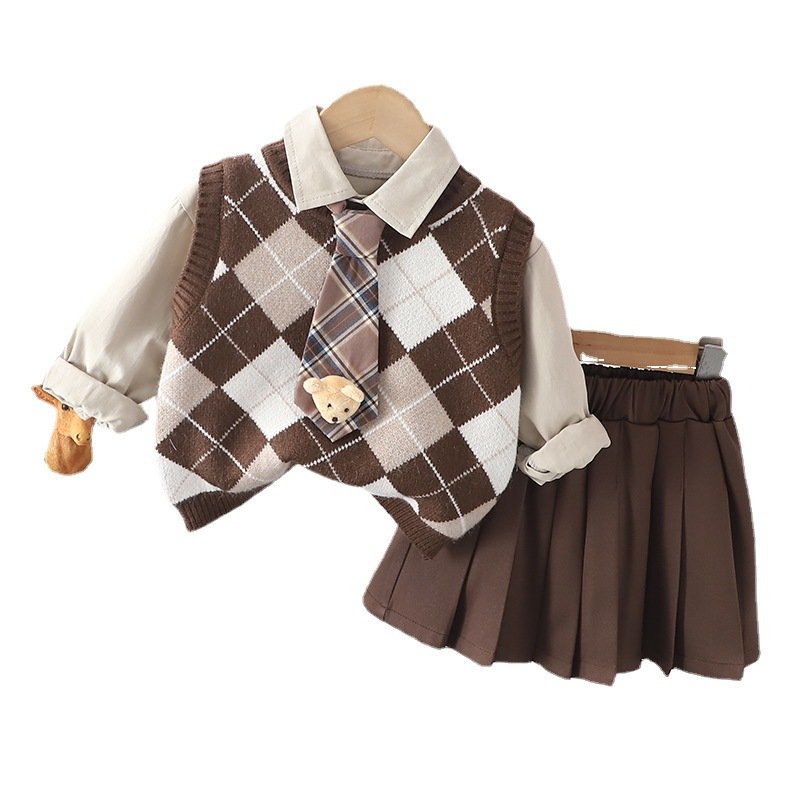 Boys and girls spring clothes children's tie pendant bear sweater skirt pants three-piece suit children's clothes trendy baby
