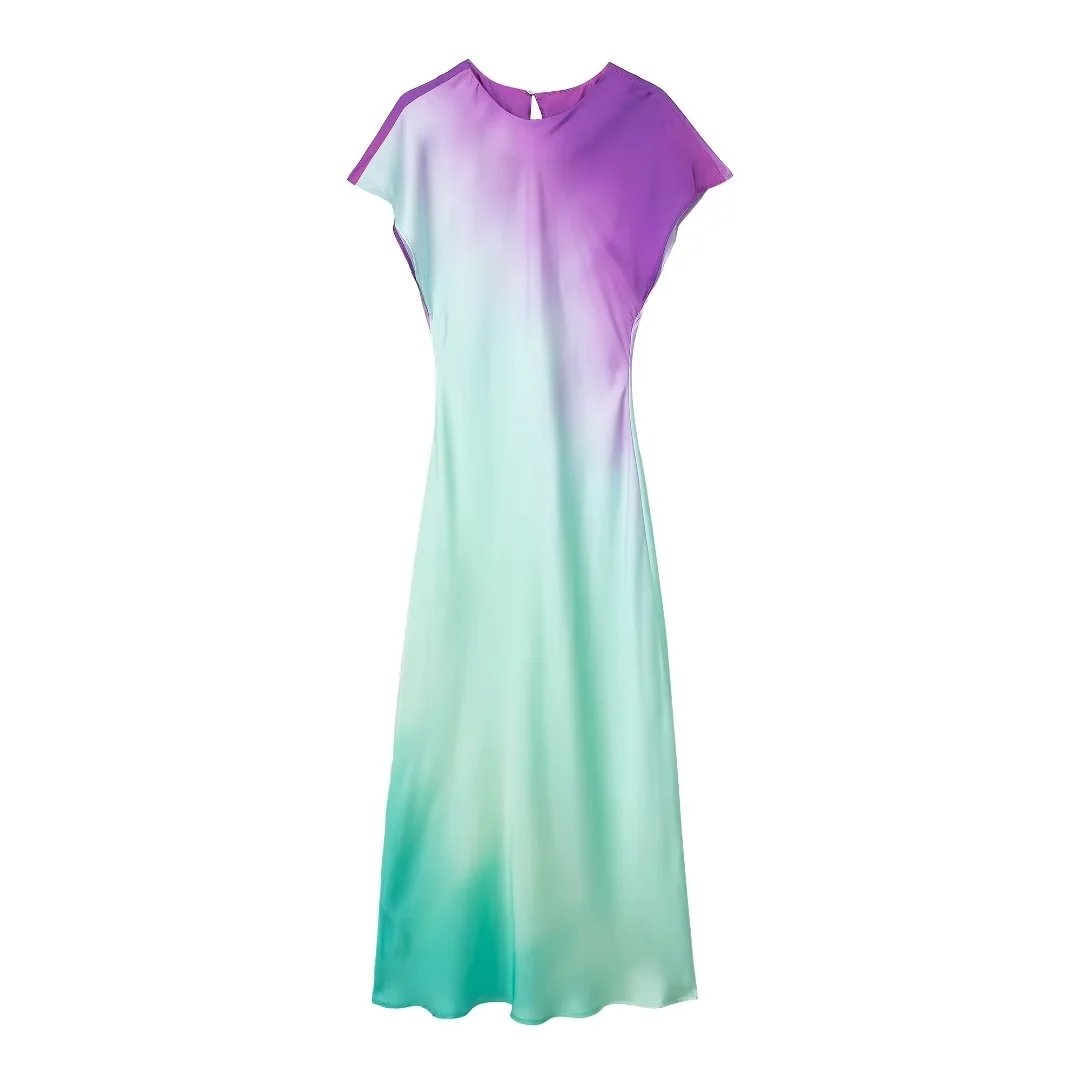 TRAFZA Women's Fashion Print Short Sleeve Dress Vintage Tie Dye O-Neck Midi Dresses Spring Female Casual Chic Satin Dress