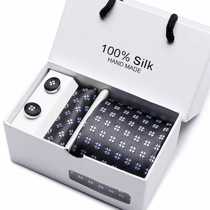 Holiday Gift Box Tie Pocket Squares Cufflink Set Necktie Box Men Blue Plaid For Wedding Party Workplace