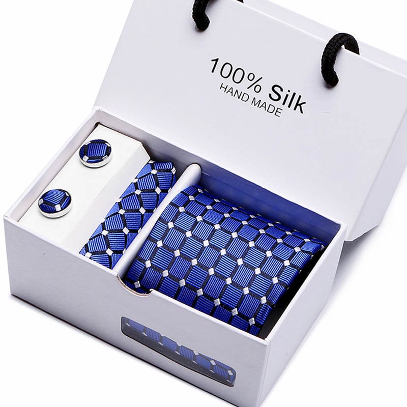Holiday Gift Box Tie Pocket Squares Cufflink Set Necktie Box Men Blue Plaid For Wedding Party Workplace