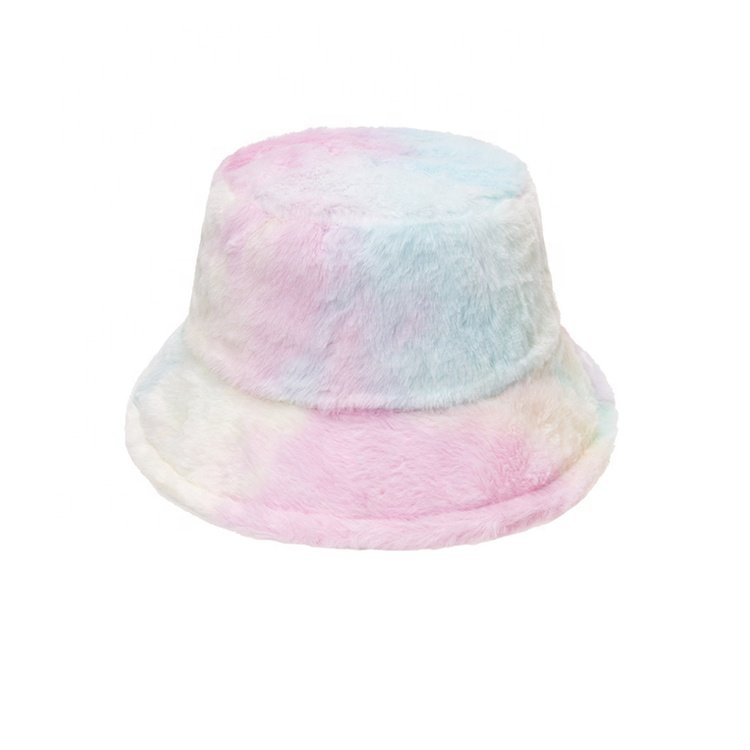 Hot Stylish Faux Fur Warm Fuzzy Fluffy Fisherman Hat Winter Rainbow cloud Tie Dye Design Bucket Hat