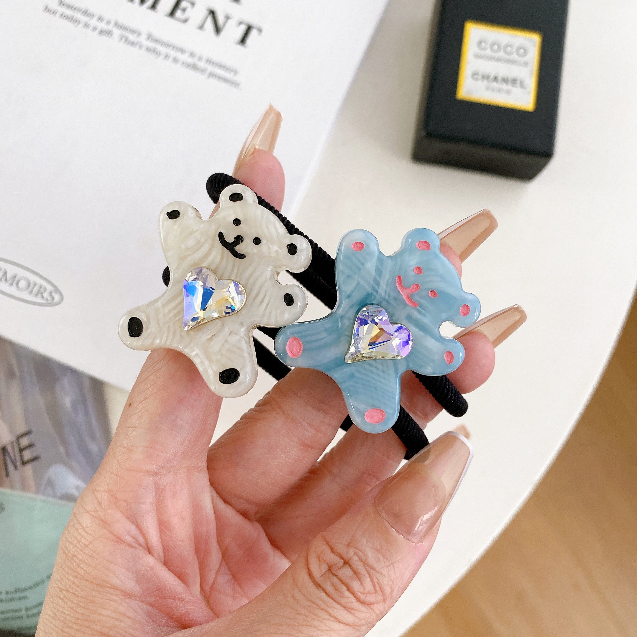 DOWELL Diamond Acetate Bear Elastic Hair Ties Cute Girl Hair Scrunchies Glitter Satin Silk Hair Clip Bear Rhinestones Cartoon