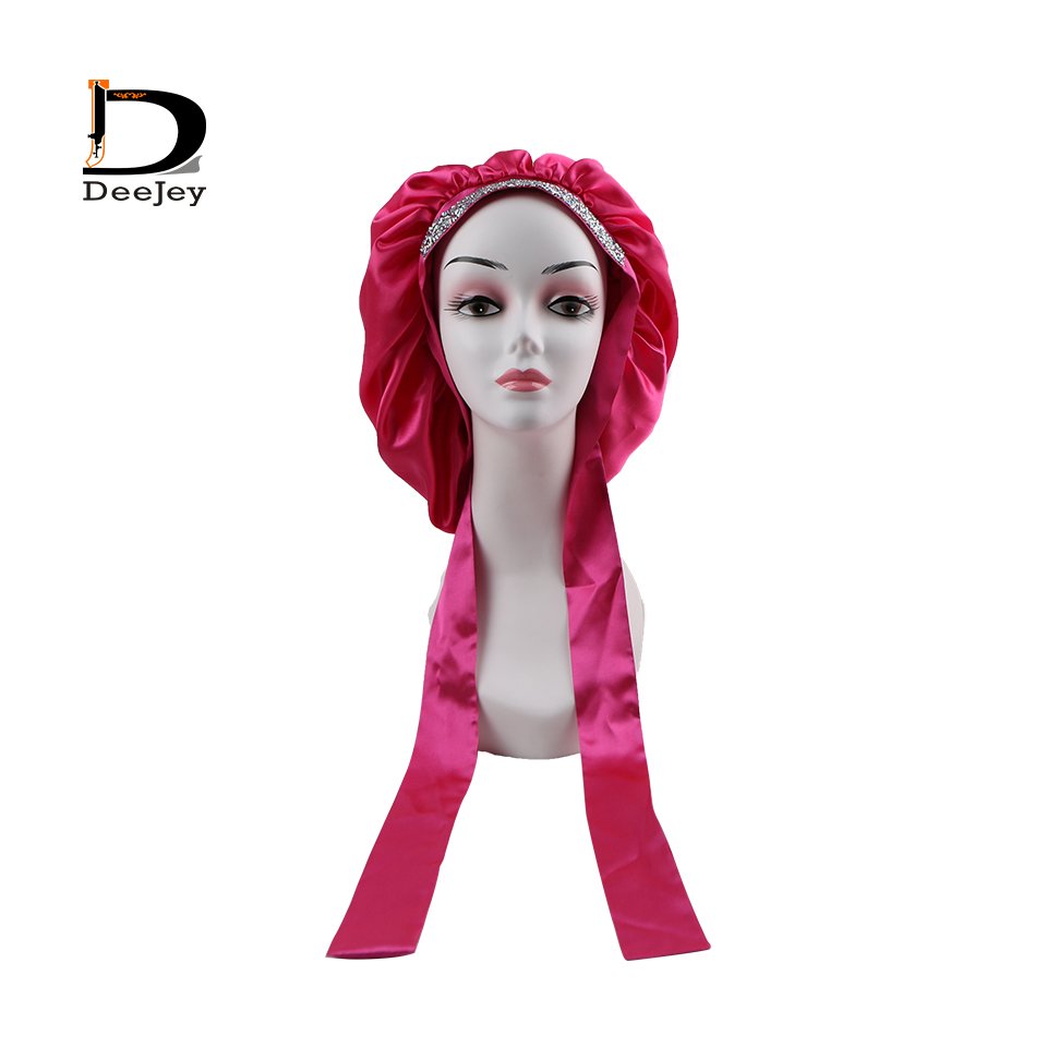Custom logo print adjustable satin bonnet with Rhinestone tie band Sleeping Blindfold with satin storage bag
