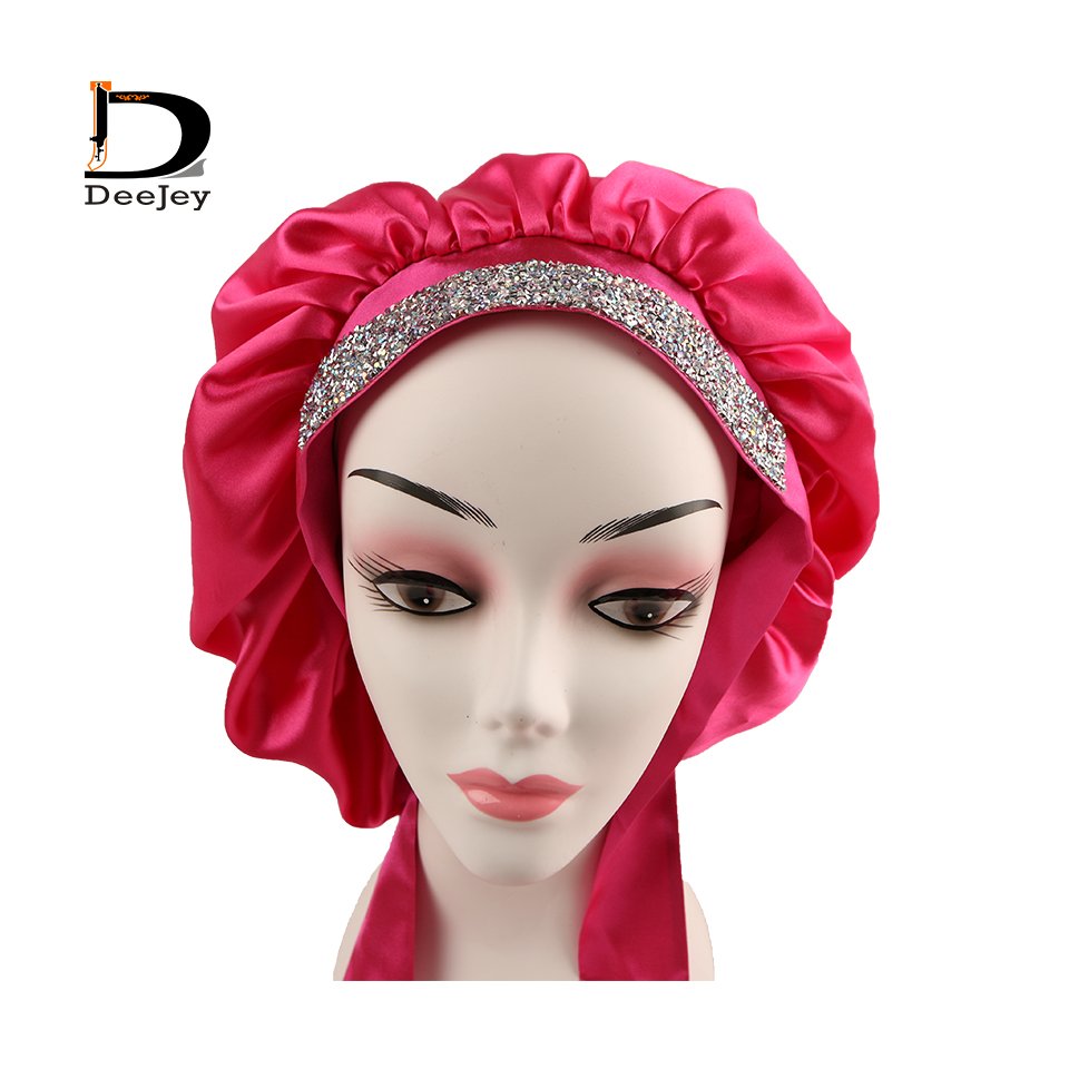 Custom logo print adjustable satin bonnet with Rhinestone tie band Sleeping Blindfold with satin storage bag