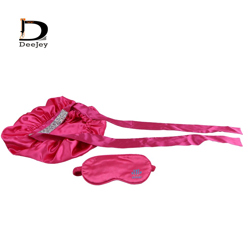 Custom logo print adjustable satin bonnet with Rhinestone tie band Sleeping Blindfold with satin storage bag