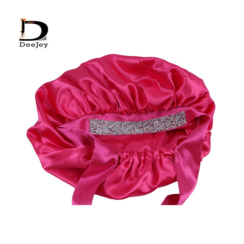 Custom logo print adjustable satin bonnet with Rhinestone tie band Sleeping Blindfold with satin storage bag