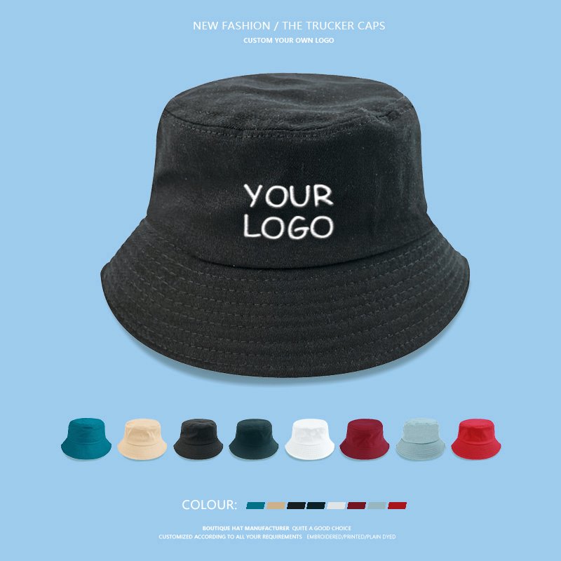 Custom Logo Embroidery Sun Summer Beach Adult Cotton Plain Black Woman Flat Top Wide Brim Fisherman Bucket Hat