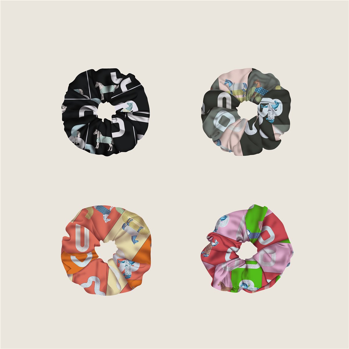 Custom Multiple Colorful Scrunchies Brand Design Horse Printed Custom Logo Scrunchie Polyester Scrunchies Hair Tie For Women
