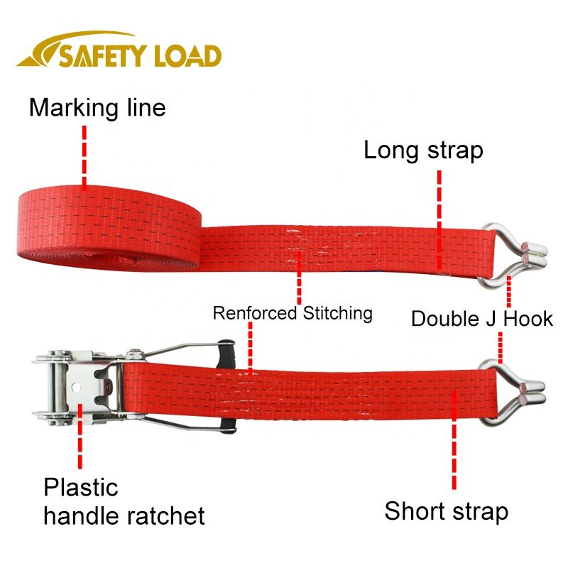 JIULONG 2 Inch Rachet Tie Down with Lashing with Double J Hook BS 5000kg
