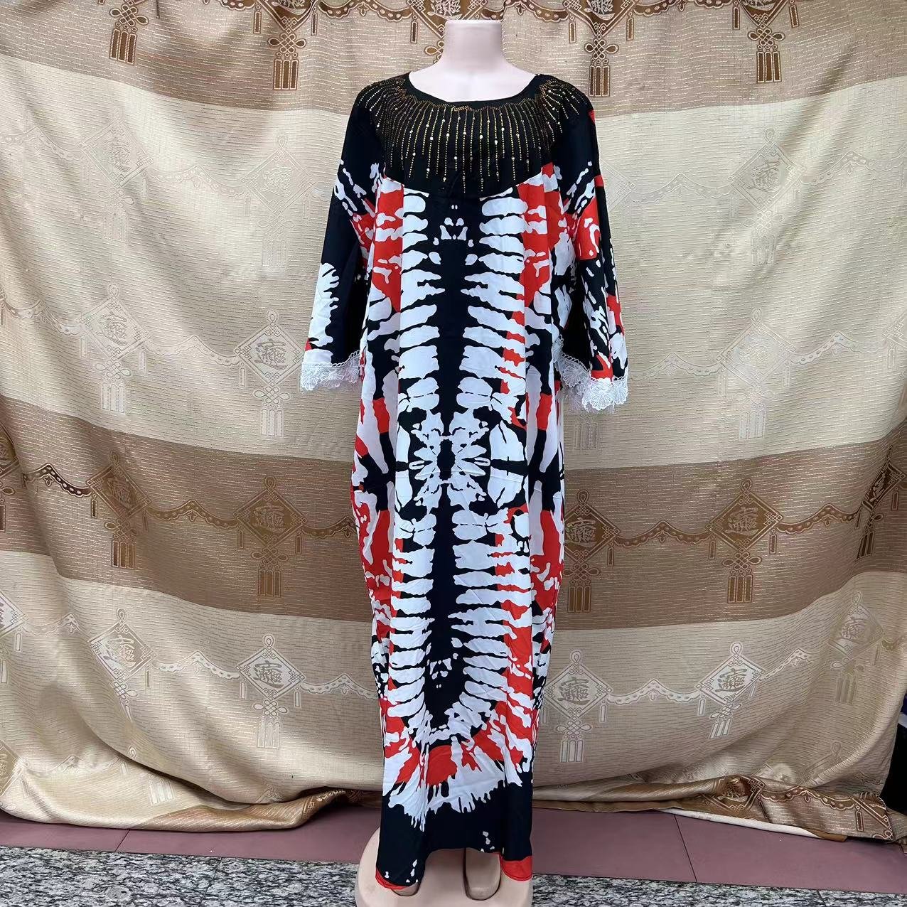Women Muslim Elegant Tie Dye Rhinestones Appliques Long Sleeve Lace Trim Floor Length Kaftan Abaya Robe Dress