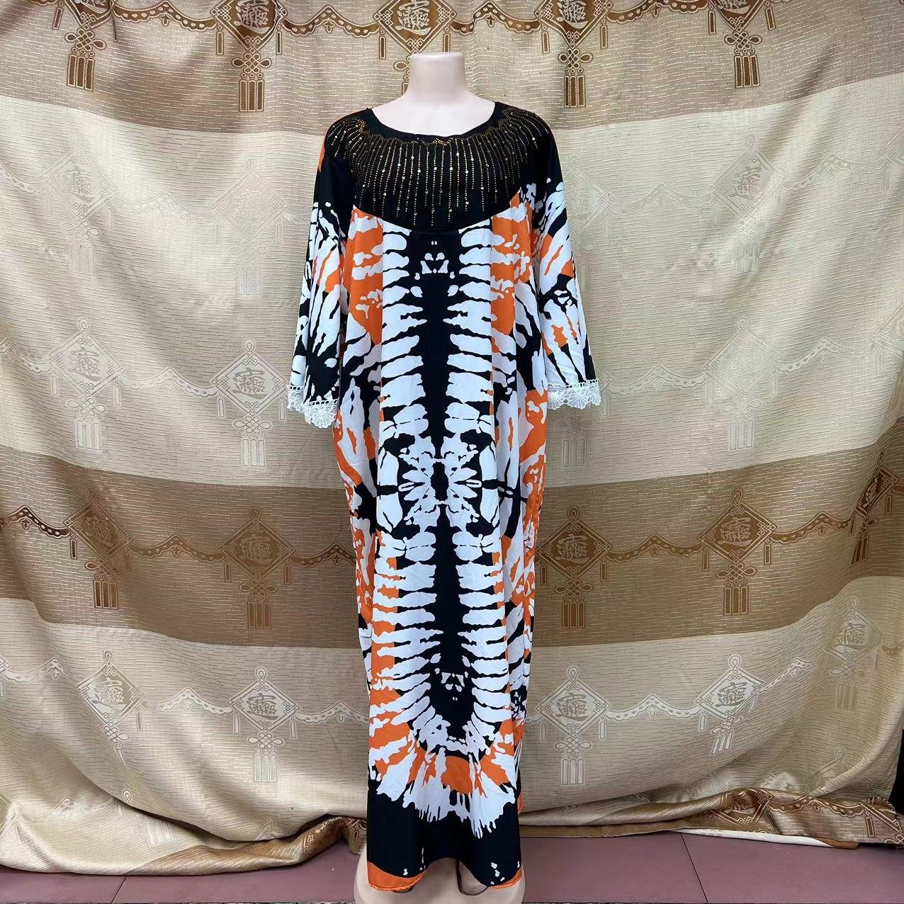 Women Muslim Elegant Tie Dye Rhinestones Appliques Long Sleeve Lace Trim Floor Length Kaftan Abaya Robe Dress