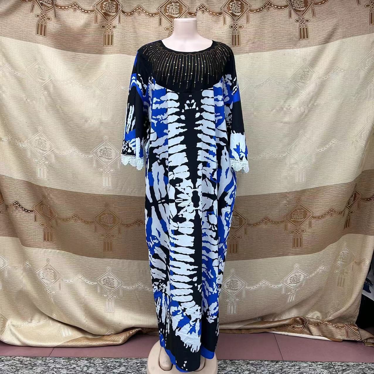 Women Muslim Elegant Tie Dye Rhinestones Appliques Long Sleeve Lace Trim Floor Length Kaftan Abaya Robe Dress
