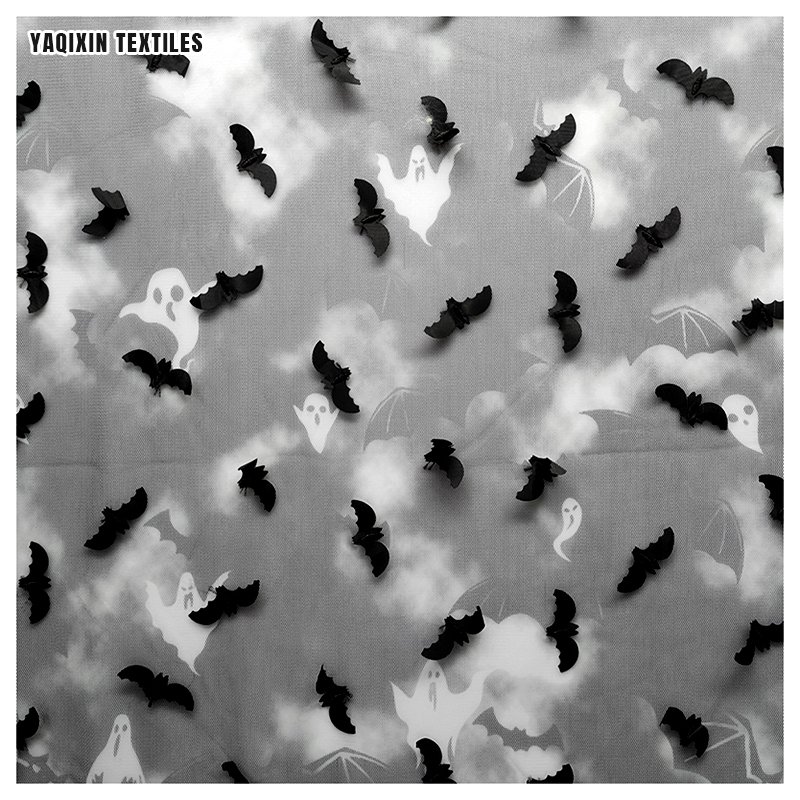 Latest Material Tie Dye Stretch Tulle Mesh Fabric with Halloween White Ghost Print Black Bat 3D Embroidery Fabric