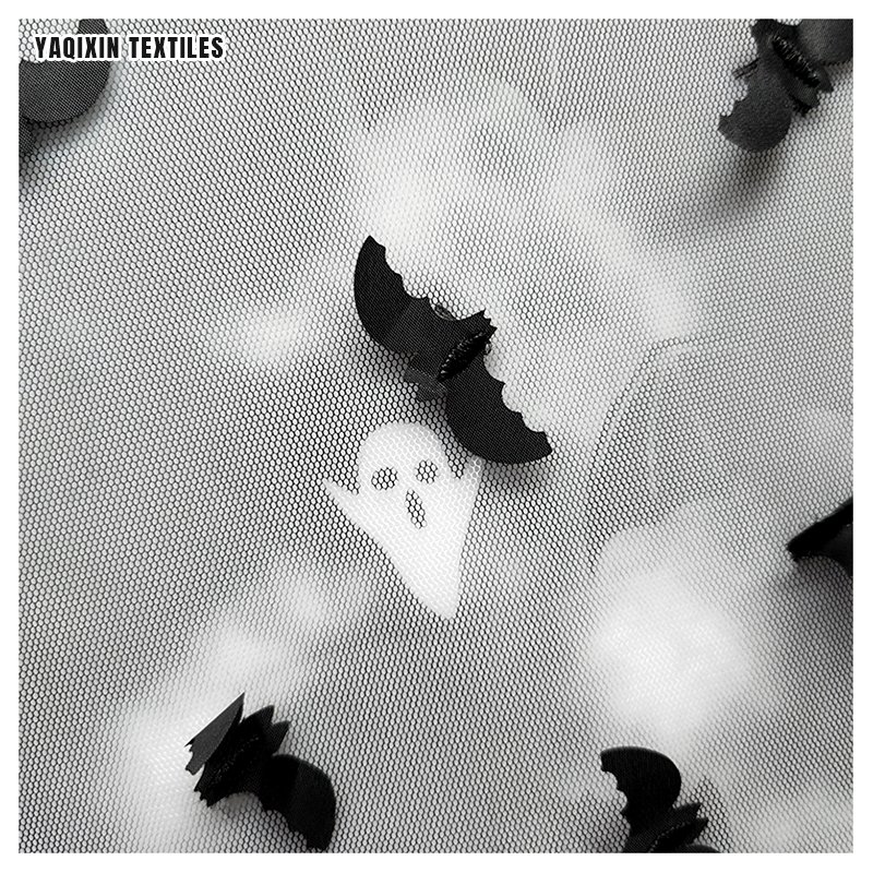 Latest Material Tie Dye Stretch Tulle Mesh Fabric with Halloween White Ghost Print Black Bat 3D Embroidery Fabric