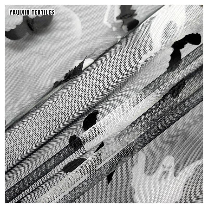 Latest Material Tie Dye Stretch Tulle Mesh Fabric with Halloween White Ghost Print Black Bat 3D Embroidery Fabric