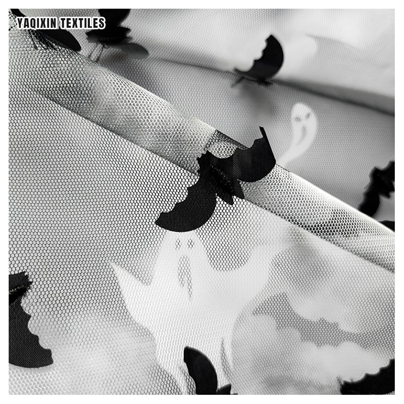 Latest Material Tie Dye Stretch Tulle Mesh Fabric with Halloween White Ghost Print Black Bat 3D Embroidery Fabric