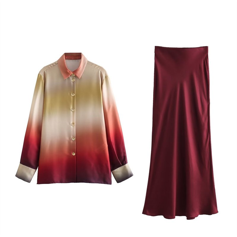 TAOP&ZA women's 2023 autumn new wine red tie-dye high waist satin texture loose skirt 7888173 9878250